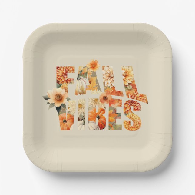 Fall vibes watercolor wildflowers leaves autumn paper plate (Front)