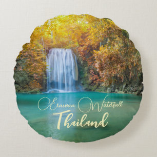 Fall View of Erawan Waterfall Thailand Round Cushion