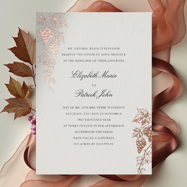 Fall Vineyard Winery Modern Classic Ecru Wedding (fall vineyard wedding invitation winery grapevine formal modern classic black tie foil ecru)