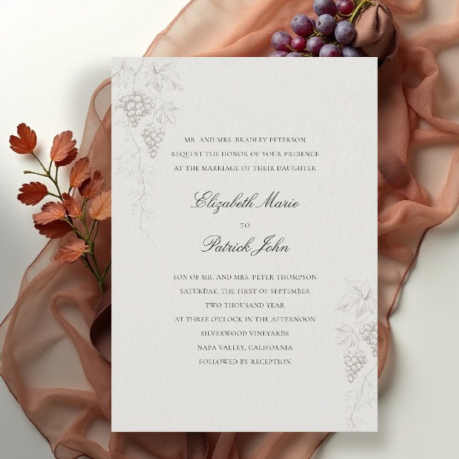 Fall Vineyard Winery Modern Classic Ecru Wedding Invitation (fall vineyard wedding invitation winery grapevine formal modern classic black tie ecru faux embossed)