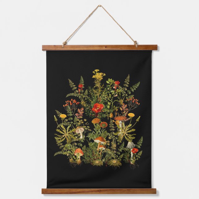 Fall Vintage Botanical Wildflowers Mushrooms  Hanging Tapestry (Front)