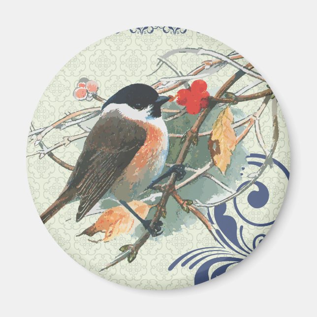 Fall Vintage Cute Bird Sitting on Branch Magnet (Front)