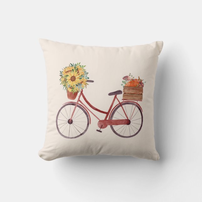 Fall. Vintage Red Bike with Pumpkins & Sunflowers  Cushion (Front)