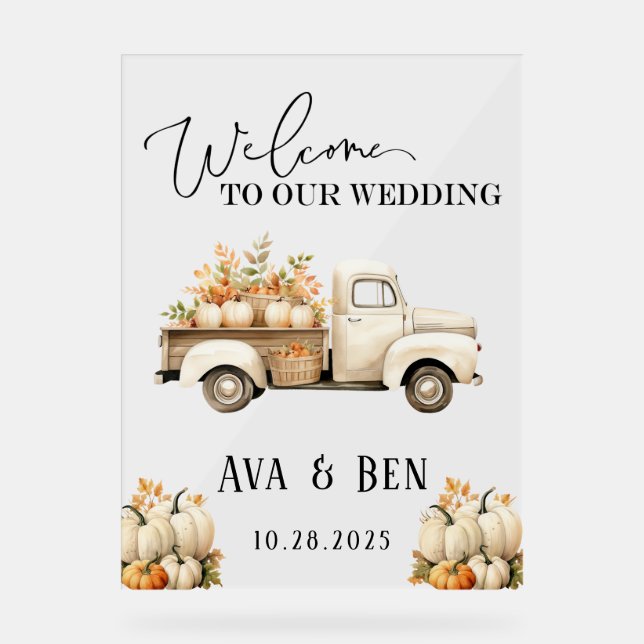 Fall Vintage Truck Pumpkins Wedding Welcome Sign (Front)