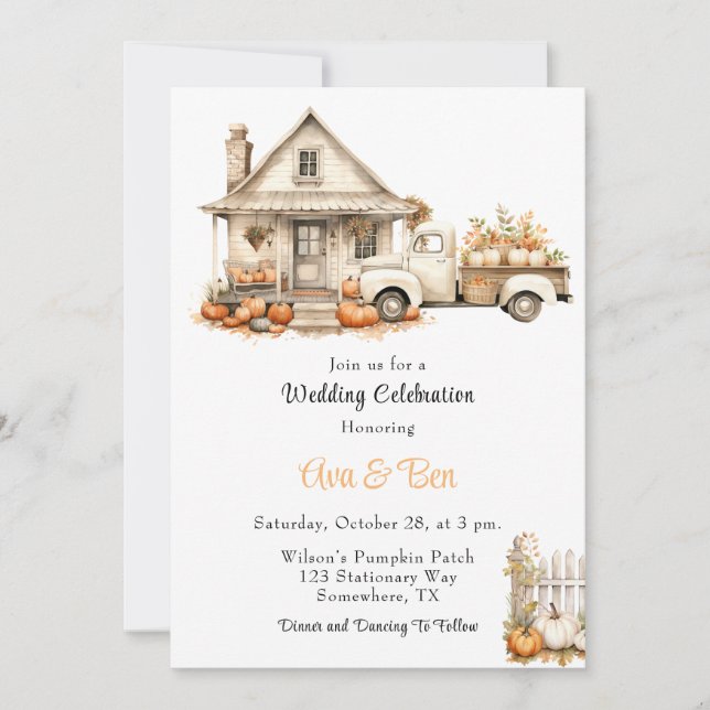 Fall Vintage Truck with Pumpkins House Wedding Invitation (Front)