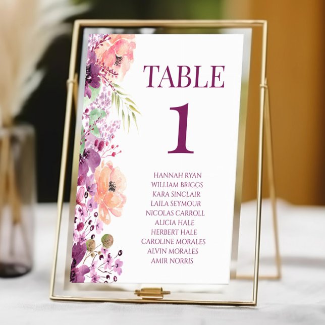 Fall Violet Magenta Purple Floral Flower Wedding Table Number (Creator Uploaded)