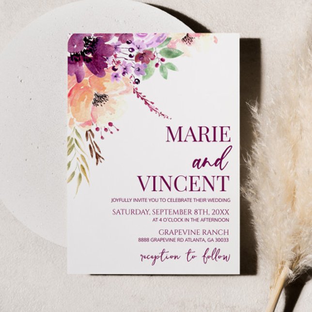 Fall Violet Watercolor Floral Flower Wedding Invitation (Creator Uploaded)