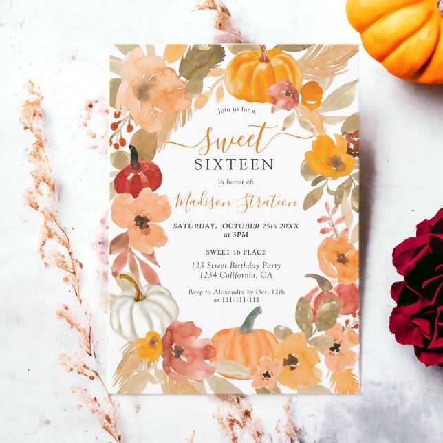 Fall Warm Boho pumpkin floral Sweet 16 birthday Invitation (Fall Warm Boho pumpkin floral Sweet 16 birthday Invitation)