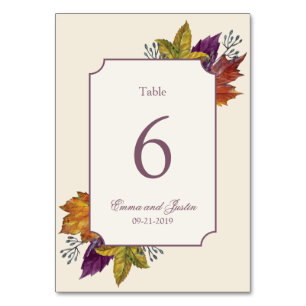 Fall Watercolor Autumn Leaf Wedidng Table Number