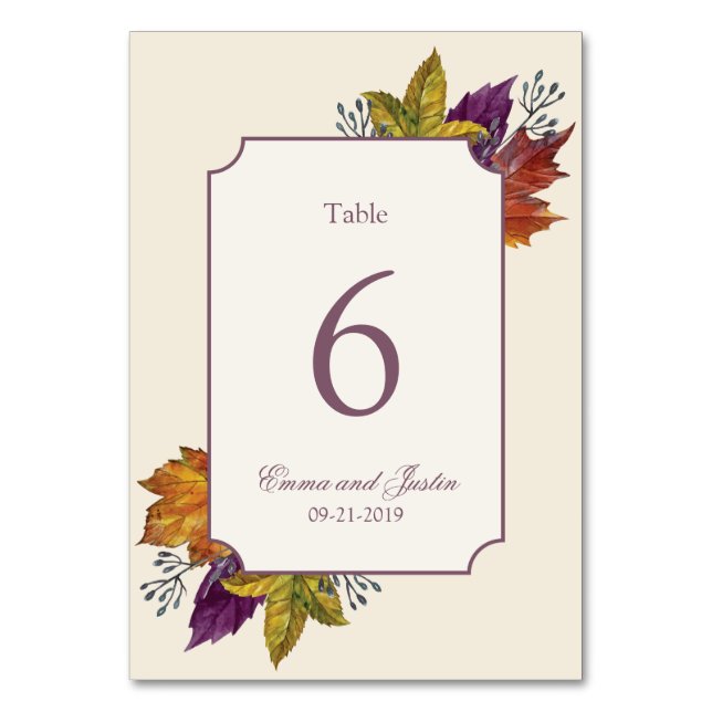Fall Watercolor Autumn Leaf Wedidng Table Number (Front)