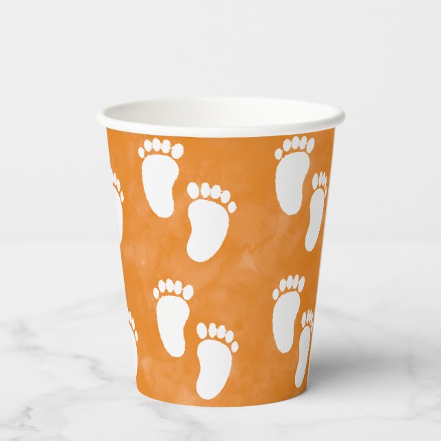 Fall Watercolor Baby Shower Footprint Pattern Paper Cups (Back)