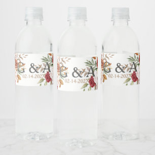 Fall Watercolor Botanical Monogram Date Water Bottle Label