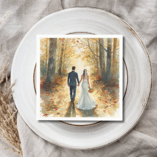 Fall Watercolor Bride & Groom Painted Wedding Napkin