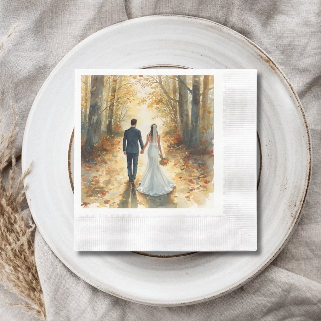 Fall Watercolor Bride & Groom Painted Wedding  Napkin (Creator Uploaded)