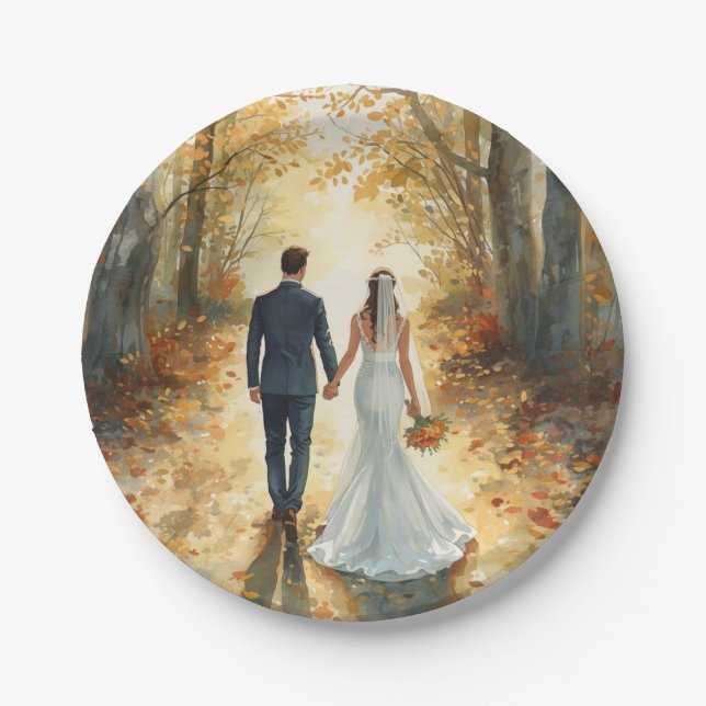 Fall Watercolor Bride & Groom Painted Wedding  Paper Plate (Front)