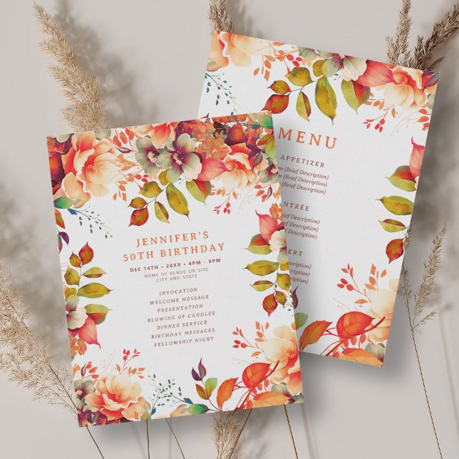 Fall Watercolor Floral 50 Birthday Program Menu Invitation (Fall Watercolor Floral 50 Birthday Program Menu)