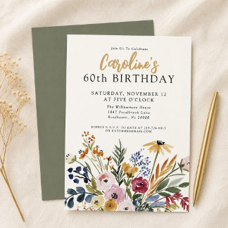Fall Watercolor Floral 60th Birthday Elegant Invitation