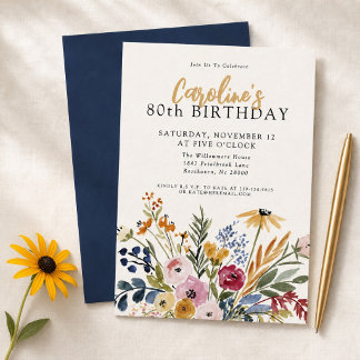 Fall Watercolor Floral 80th Birthday Elegant Invitation