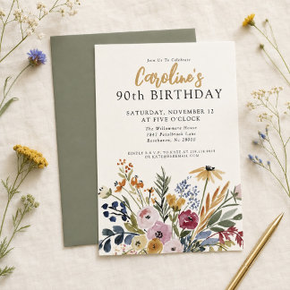 Fall Watercolor Floral 90th Birthday Elegant Invitation