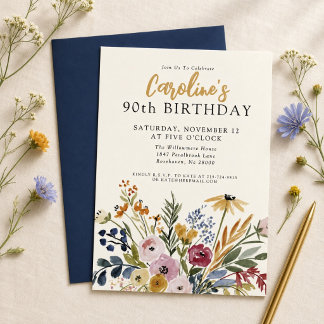 Fall Watercolor Floral 90th Birthday Elegant Invitation