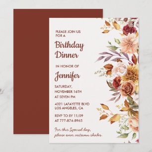 Fall Watercolor Floral Birthday Dinner Invitation