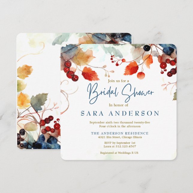 Fall Watercolor floral Bridal Invitation (Front/Back)