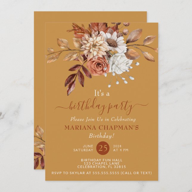 Fall Watercolor Floral Gold Birthday Party Invitation (Front/Back)