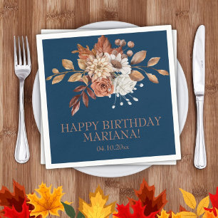 Fall Watercolor Floral Navy Blue Birthday Party Napkin