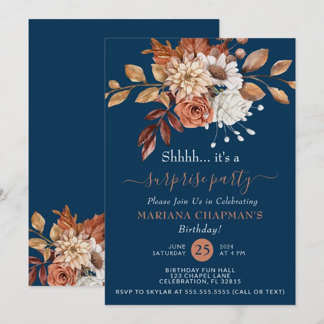 Fall Watercolor Floral Navy Blue Surprise Party Invitation (Front/Back)