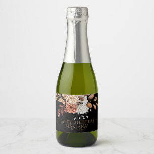 Fall Watercolor Floral on Black Birthday Party Cha Sparkling Wine Label