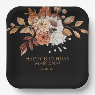Fall Watercolor Floral on Black Birthday Party Paper Plate