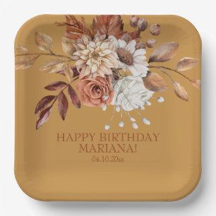 Fall Watercolor Floral on Gold Birthday Party Pape Paper Plate