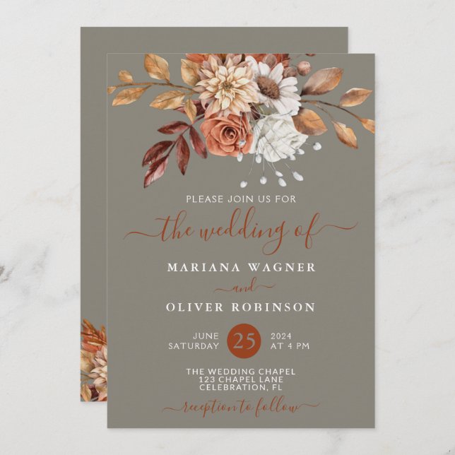 Fall Watercolor Floral on Grey Wedding Invitation (Front/Back)
