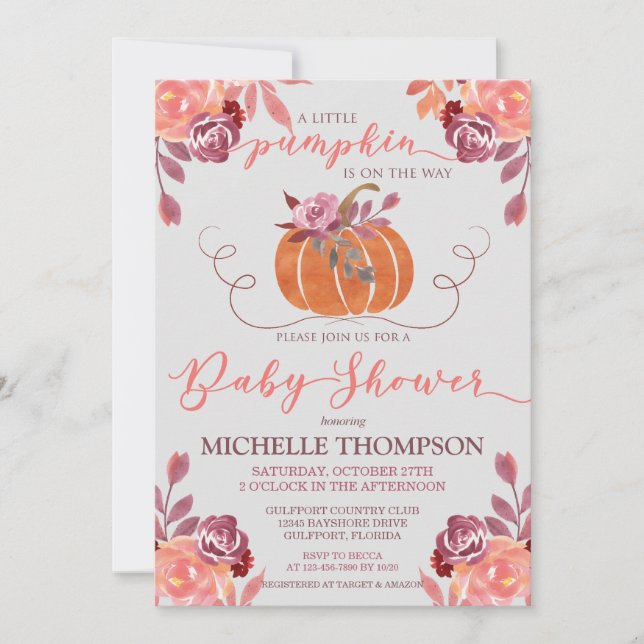 Fall Watercolor Floral Pumpkin Baby Shower Invitation (Front)