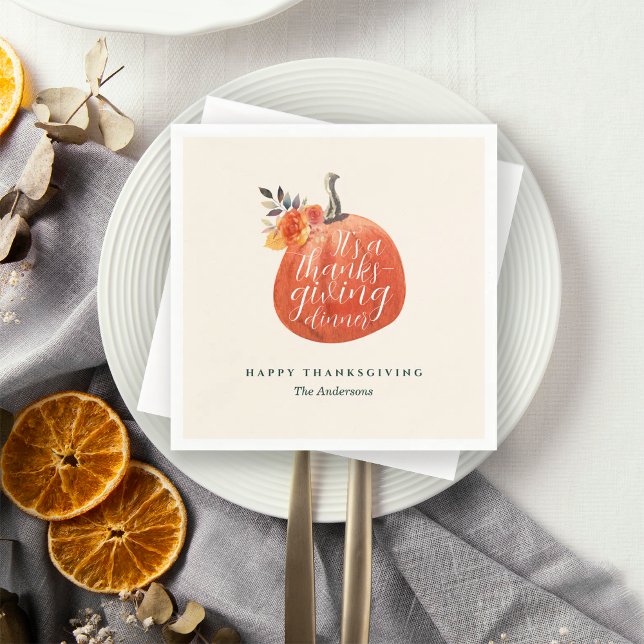Fall Watercolor Floral Pumpkin Thanksgiving Dinner Napkin (Creator Uploaded)