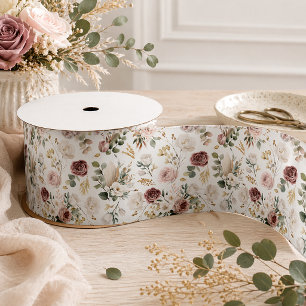 Fall Watercolor Floral Ribbon   Dusty Rose & Blush Satin Ribbon