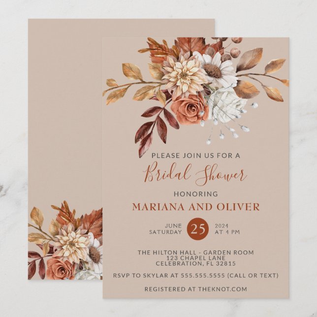 Fall Watercolor Floral Taupe Bridal Shower Invitation (Front/Back)