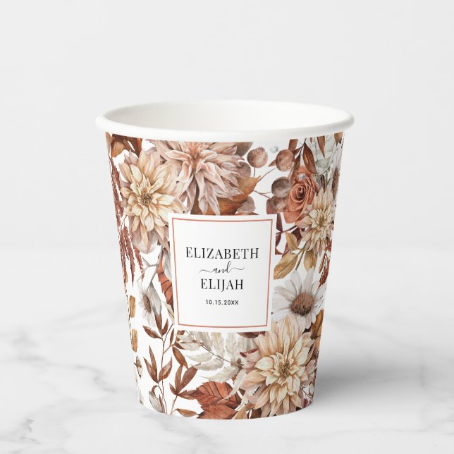 Fall Watercolor Floral Wedding Paper Cups (Front)