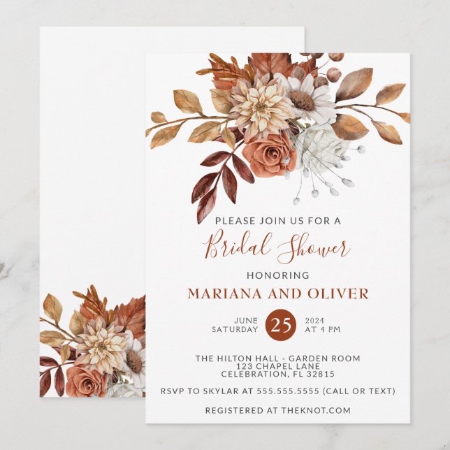 Fall Watercolor Floral White Bridal Shower Invitation (Front/Back)