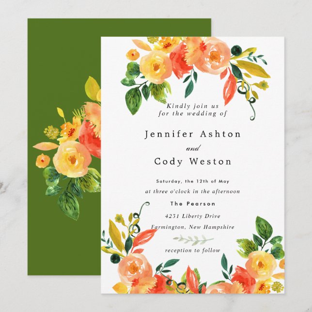 Fall Watercolor Flowers Wedding Invitation (Front/Back)