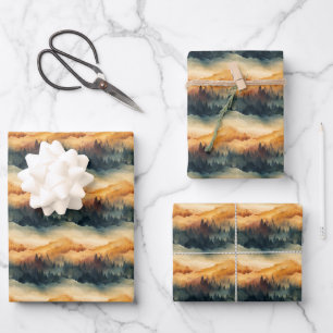Fall Watercolor Forest & Mountains Wrapping Paper Sheet