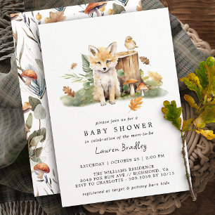 Fall Watercolor Fox Woodland Autumn Baby Shower Invitation