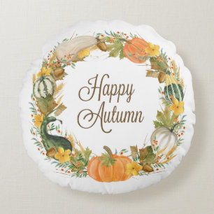 fall watercolor gourd and pumpkin wreath round cushion