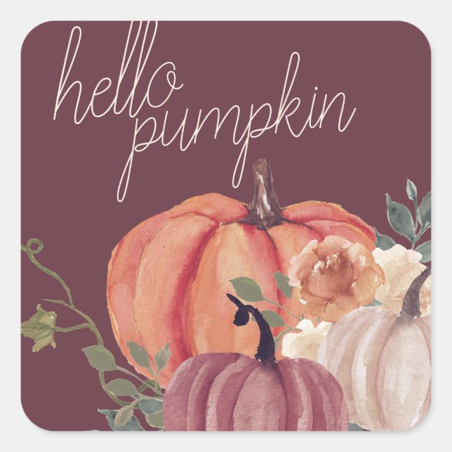 Fall Watercolor Hello Pumpkin Square Sticker (Front)