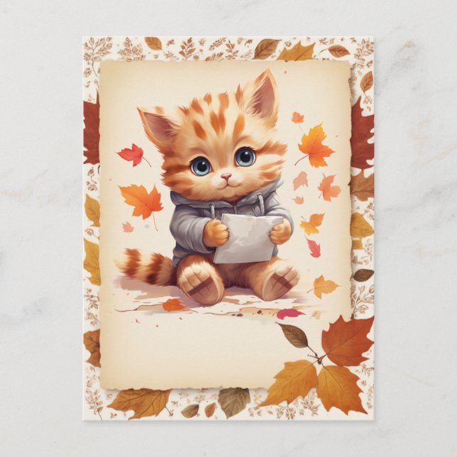 Fall Watercolor Kitten holding a letter -  Postcard (Front)