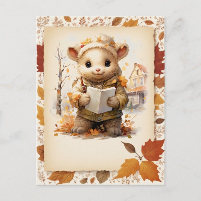 Fall Watercolor Lamb holding a letter -  Postcard (Front)
