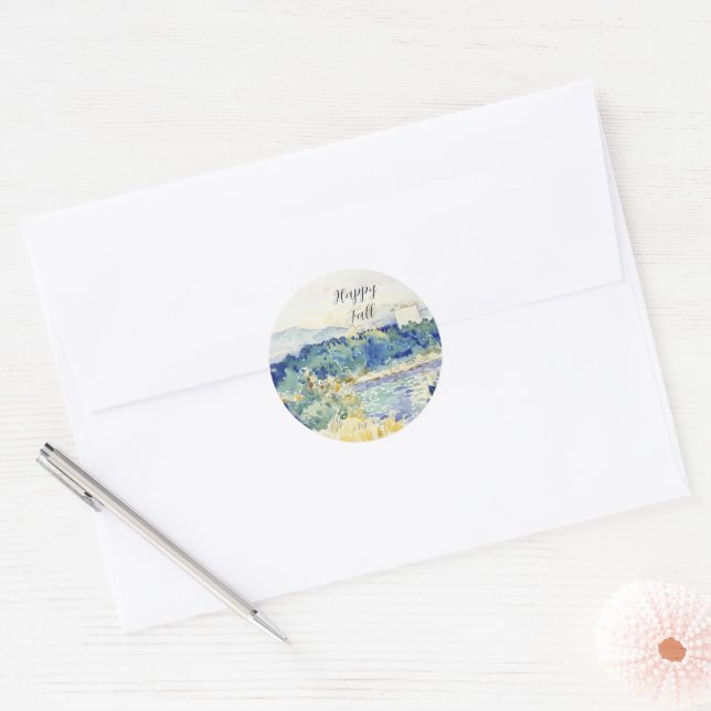Fall watercolor landscape with customisable text  classic round sticker (Envelope)