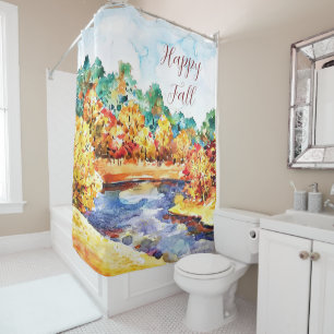 Fall watercolor landscape with customisable text shower curtain