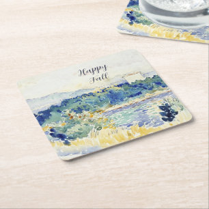 Fall watercolor landscape with customisable text square paper coaster