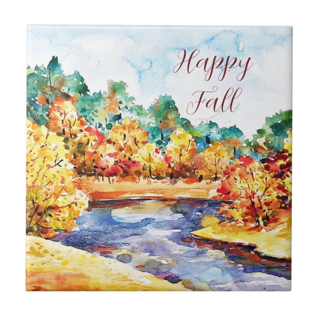Fall watercolor landscape with customisable text  tile (Front)